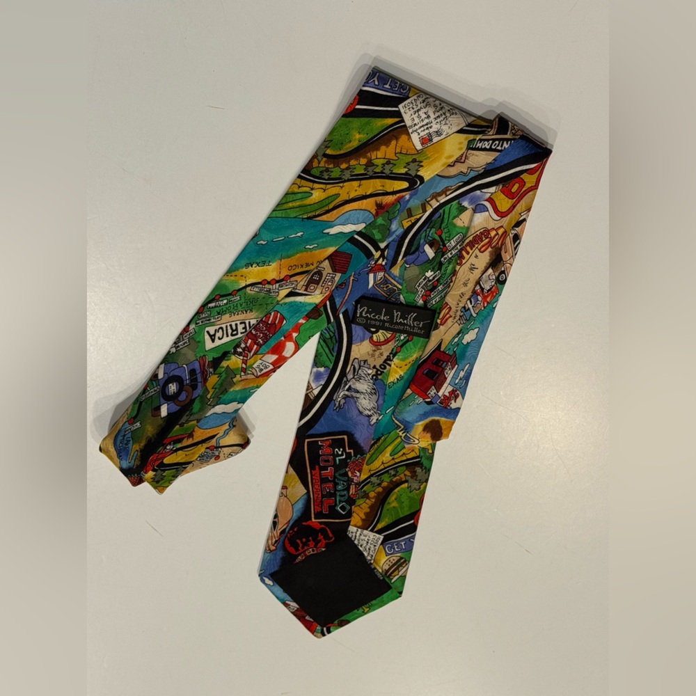 VTG 90s 100% Silk Nicole Miller Novelty Tie Road Trip Americana 1991 - Picture 3 of 6